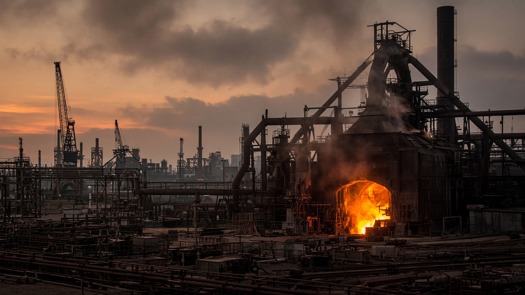Acería al anochecer: resplandor de metal fundido, vapor y siluetas de naves industriales.