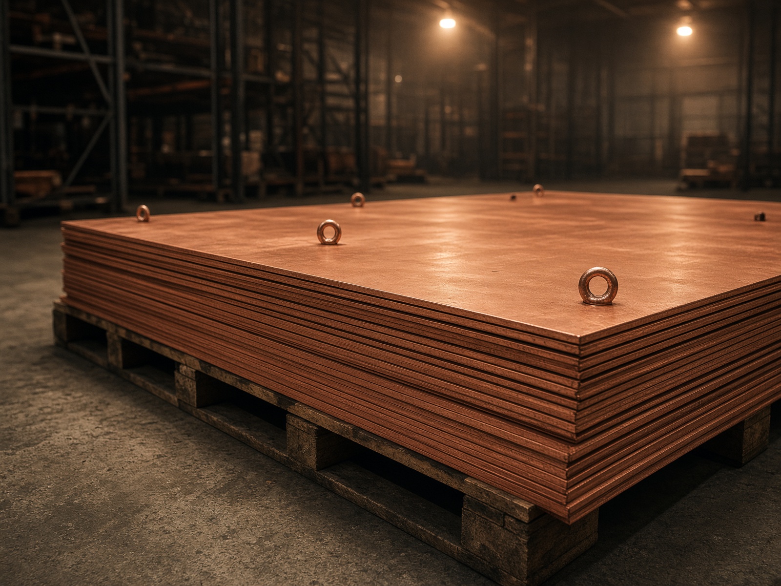 Planchas de cátodo de cobre apiladas en bodega industrial, brillo anaranjado bajo luz de sodio.