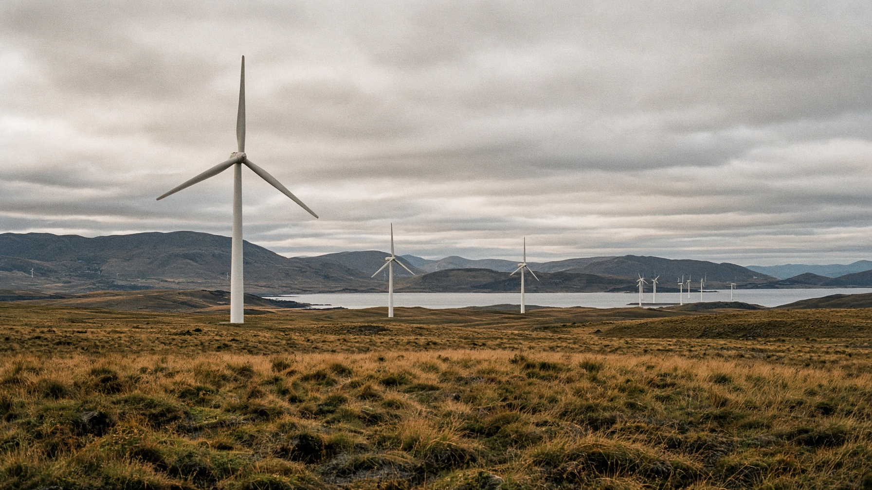 Aerogeneradores en la estepa de Magallanes bajo cielo cubierto, pasto aplastado por el viento.
