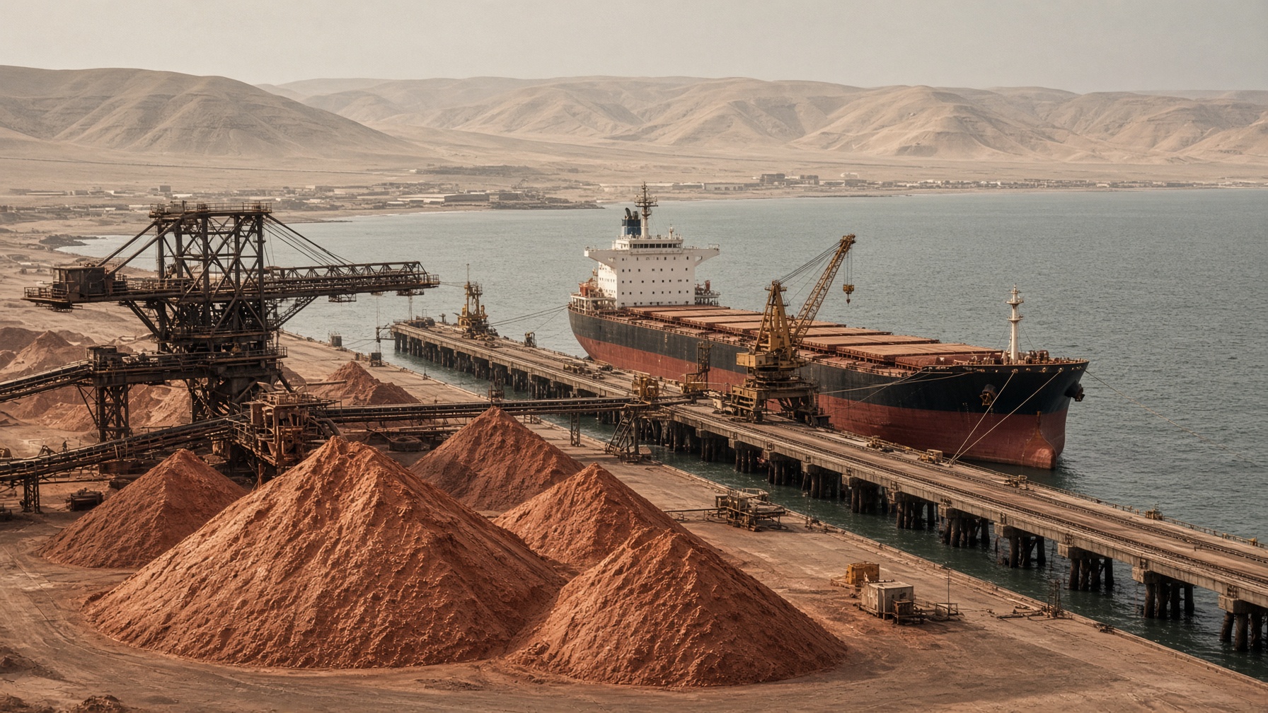 Puerto granelero en la costa del desierto de Atacama: cargadores, concentrado y un bulk carrier.